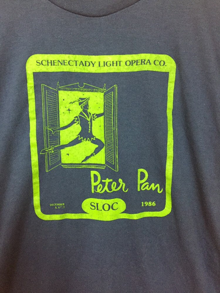 Vintage 80s Schenectady Light Opera Co Peter Pan 1986 theater USA navy blue t-shirt size medium