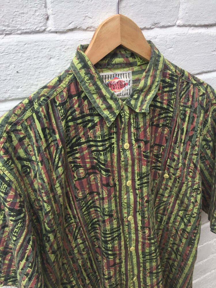 Vintage 90s lime green batik print pattern striped oversized shirt sleeve shirt oversized size medium