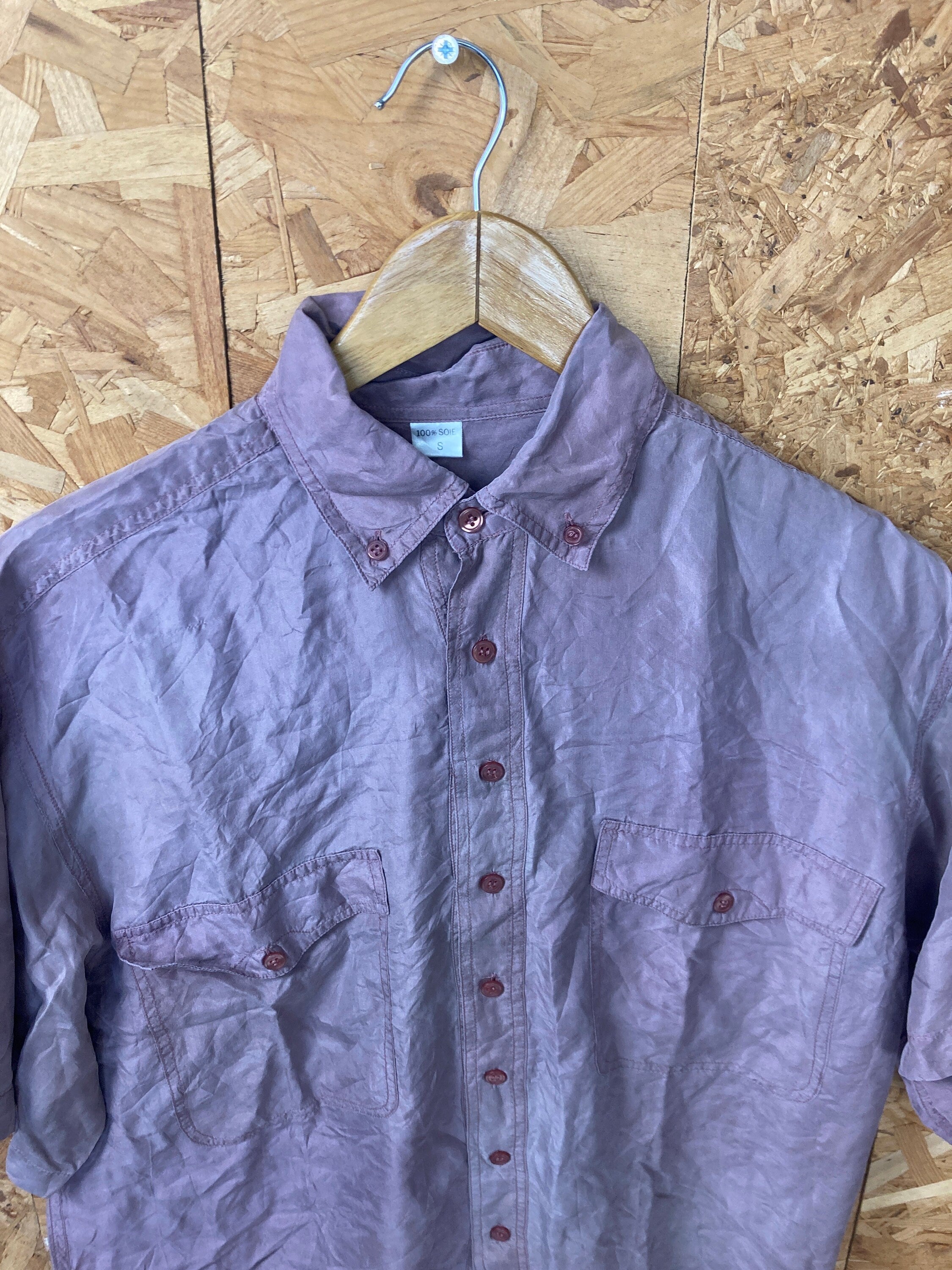Vintage 90s muted mauve dusky rose pure silk short sleeve oversized mens shirt size small