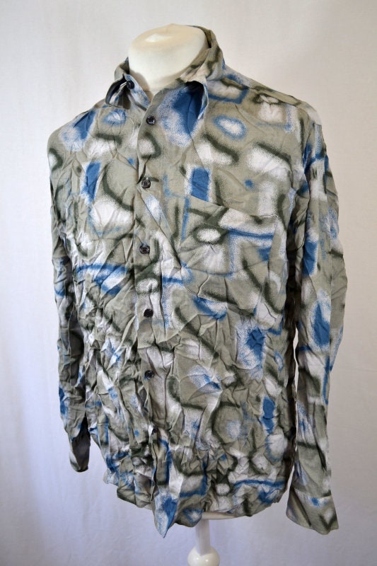 Vintage 90&#39;s grey blue Psychedelic wavy  Pattern long sleeve viscose Shirt size large