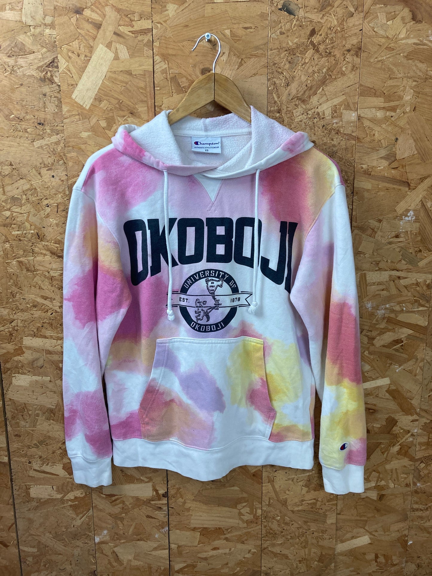 Vintage 90s Okoboji University Champion USA tie dye white pink beige hoodie size XS