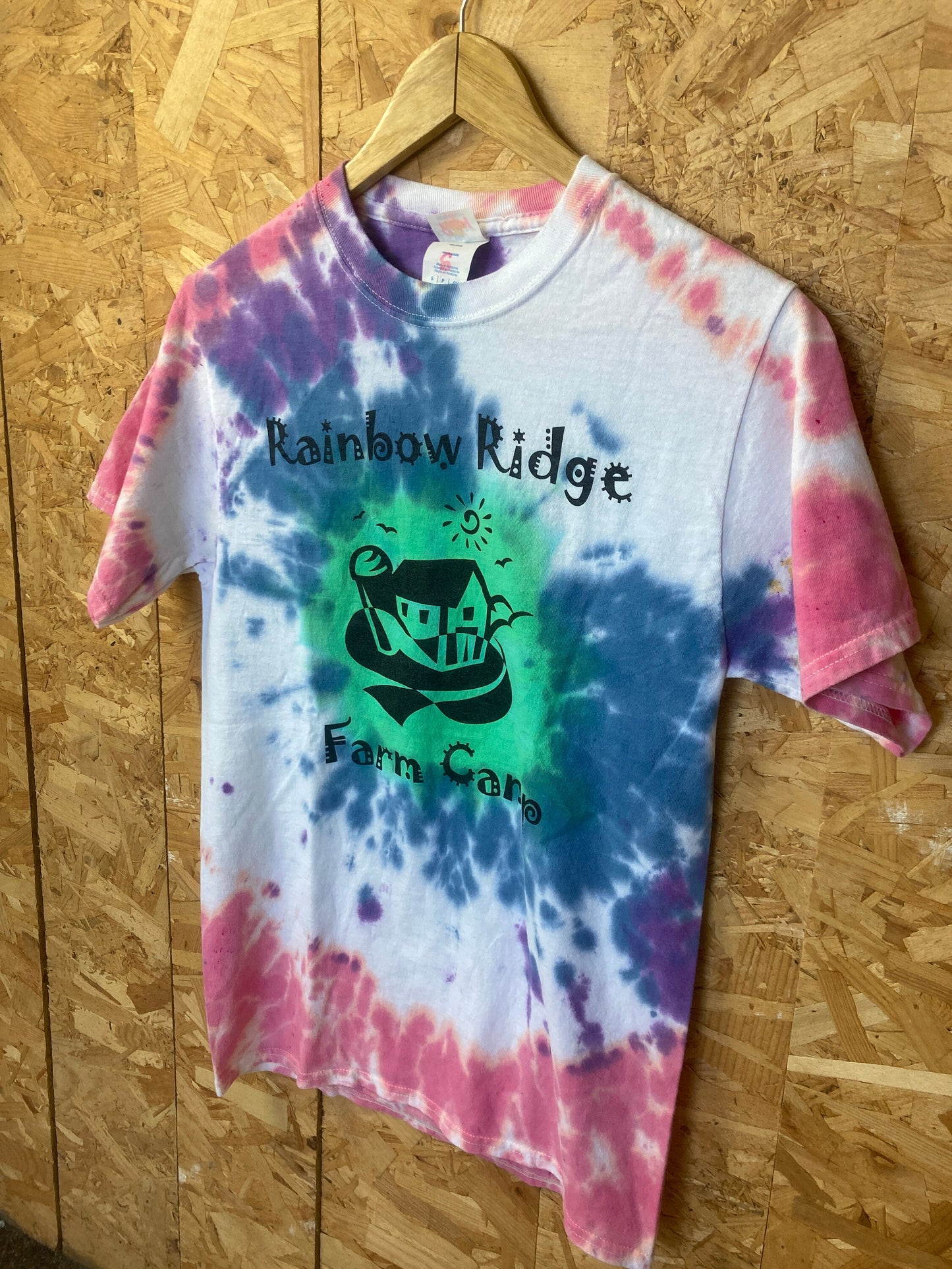 Vintage 90s Rainbow Ridge Farm Camp USA bootcamp pink blue green tie dye souvenir festival t-shirt s