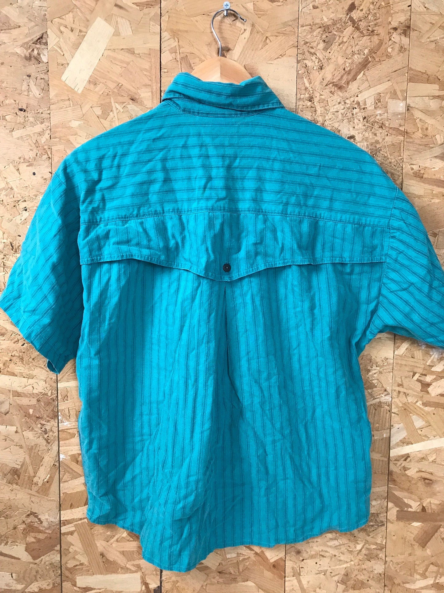 Vintage 90s turquoise green blue stripe twin pocket cowboy western short sleeve shirt by Roughrider