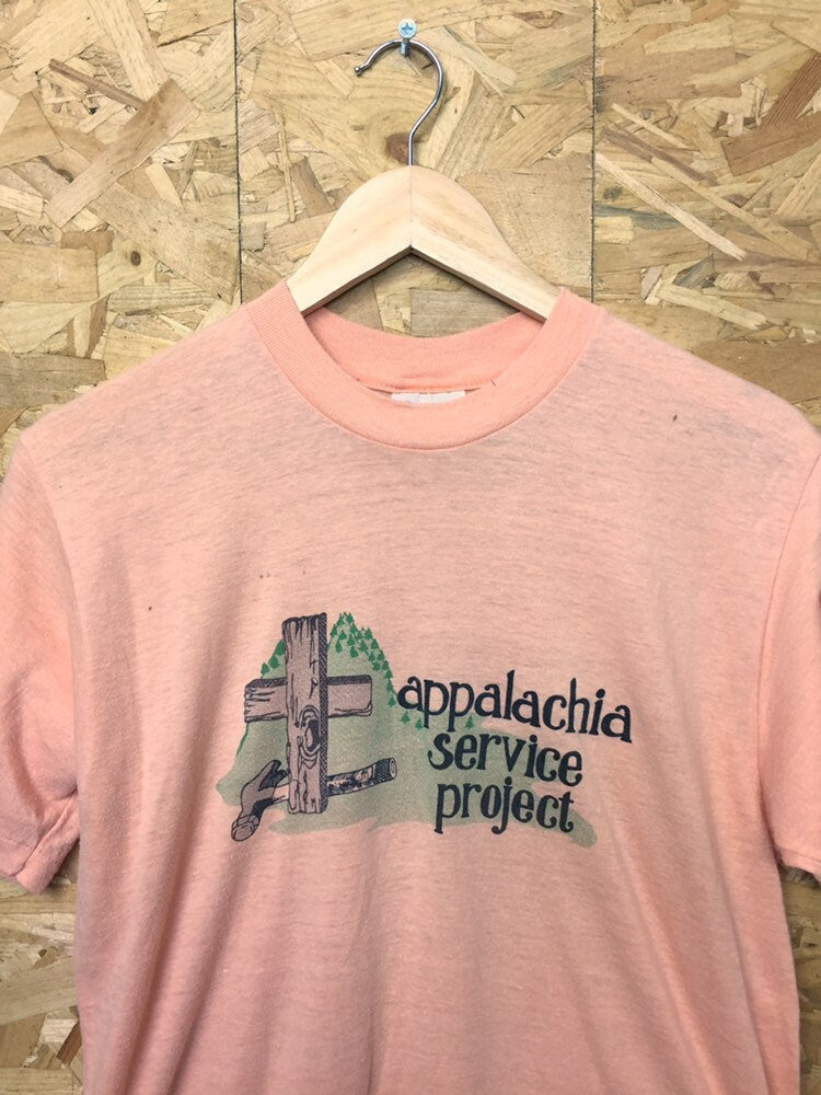 Vintage 80s USA souvenir pink salmon Appalachia Service Project t shirt size large