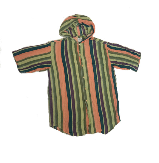 Vintage 90s United Colours of Benetton green orange purple striped short sleeve hooded rayon shirt size large