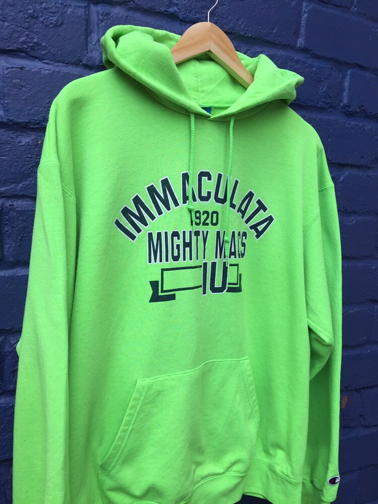 Vintage 90s Champion USA Immaculata Mighty Mac’s Varsity  college hoodie lime green & blue spellout