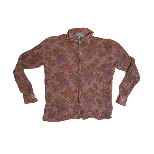 Vintage 80s ugly grungy abstract floral pattern rose brown ugly long sleeve polyester shirt size med