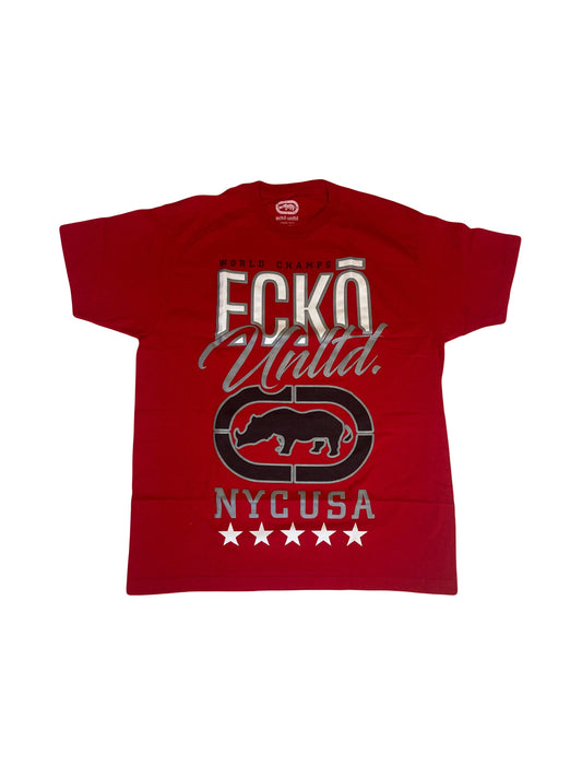 Vintage Y2K Ecko Unltd spell out black grey on red heavyweight t-shirt size large