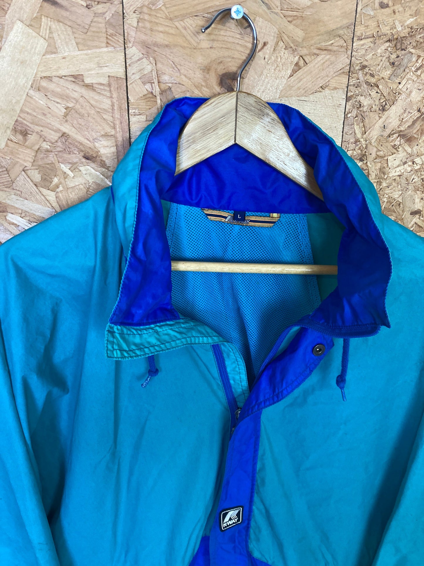 Vintage 90s K-Way blue green raincoat windbreaker waterproof rain jacket size large