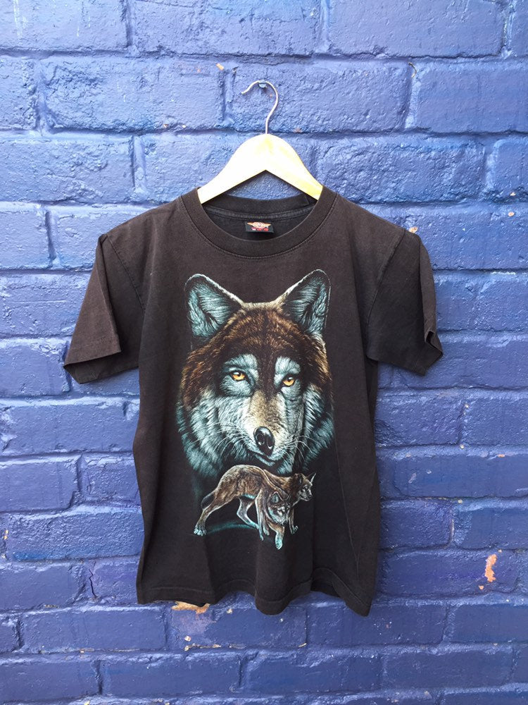 Vintage Wolf animal printed nature scene black t-shirt size small