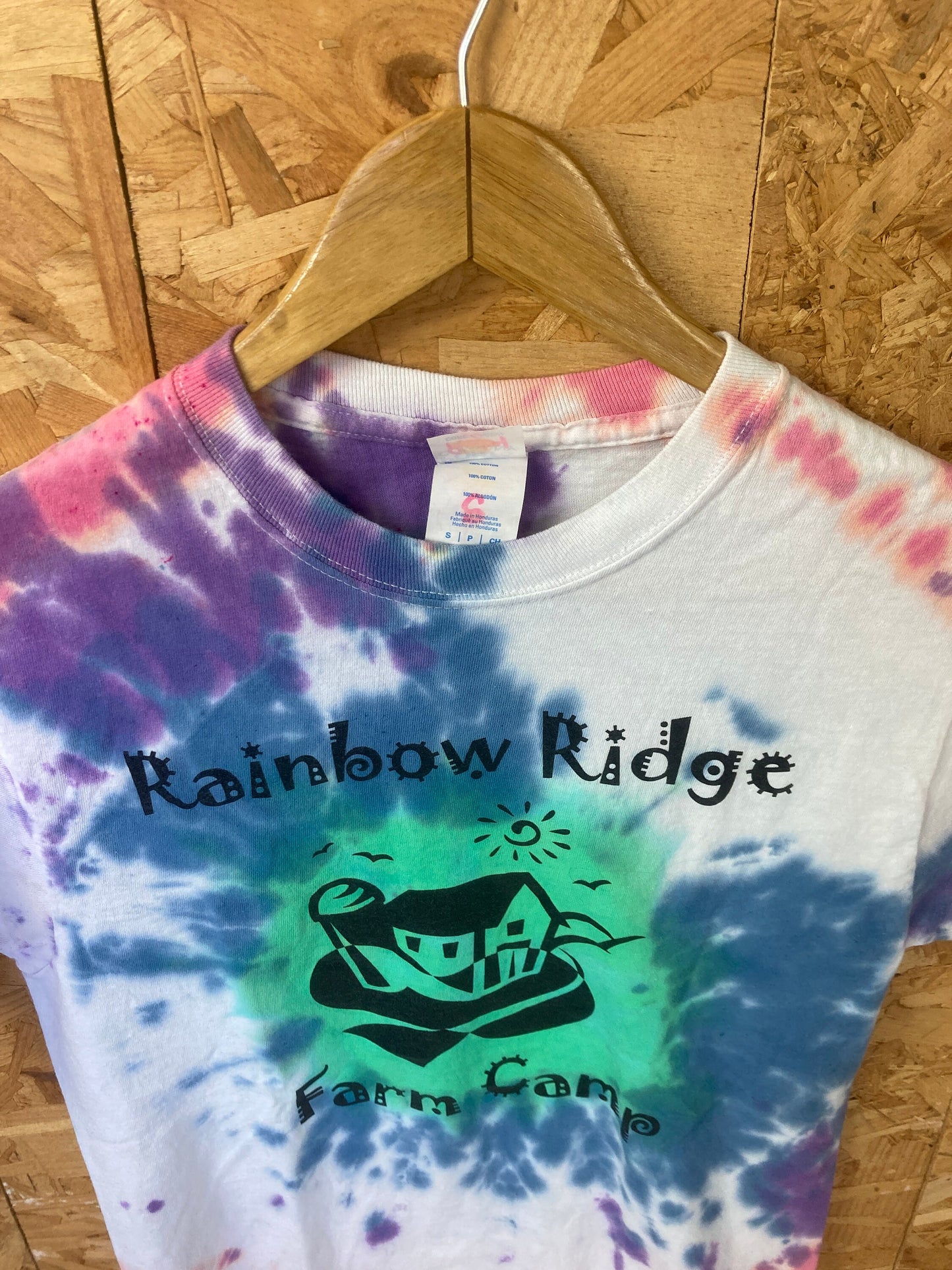 Vintage 90s Rainbow Ridge Farm Camp USA bootcamp pink blue green tie dye souvenir festival t-shirt s