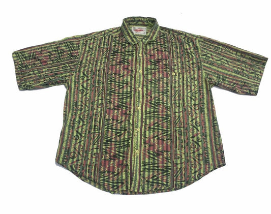 Vintage 90s lime green batik print pattern striped oversized shirt sleeve shirt oversized size medium