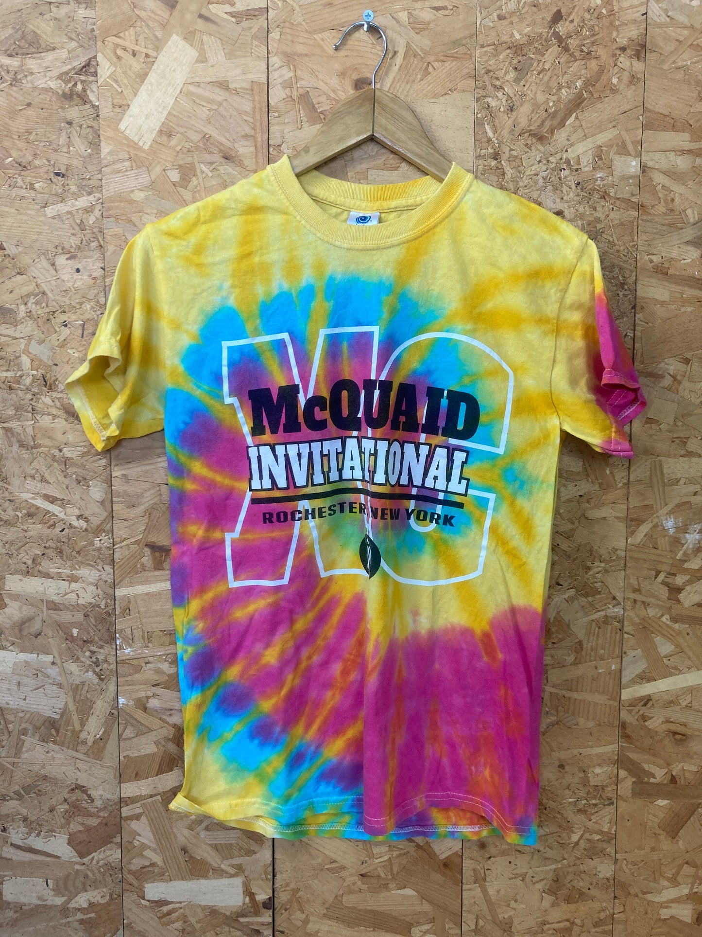 Vintage 90s McQuaid Invitational Rochester New York USA pink yellow blue rainbow tie dye souvenir festival t-shirt size small