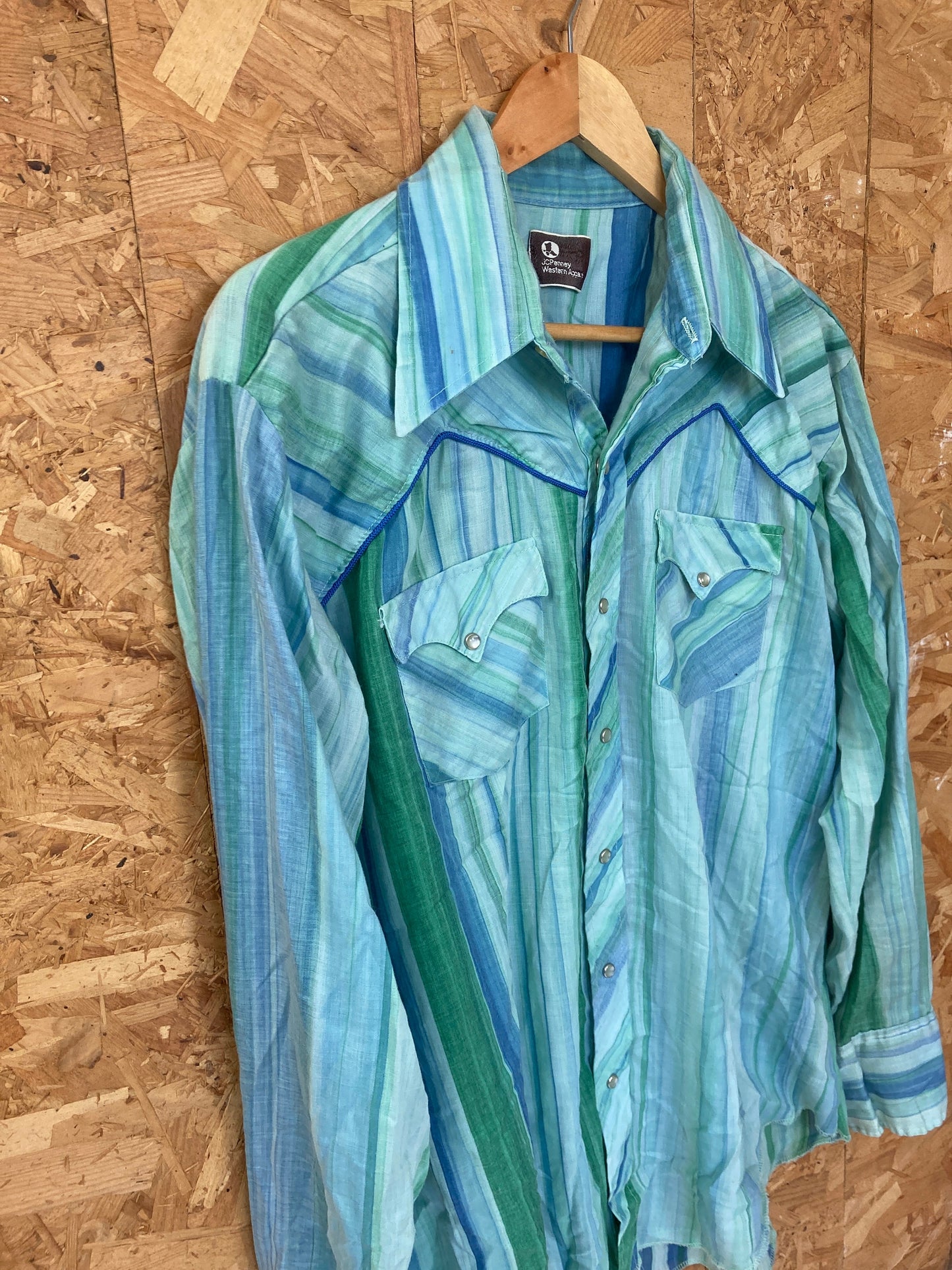 Vintage 80s JC penny blue green striped piping western cowboy shirt size 17” large