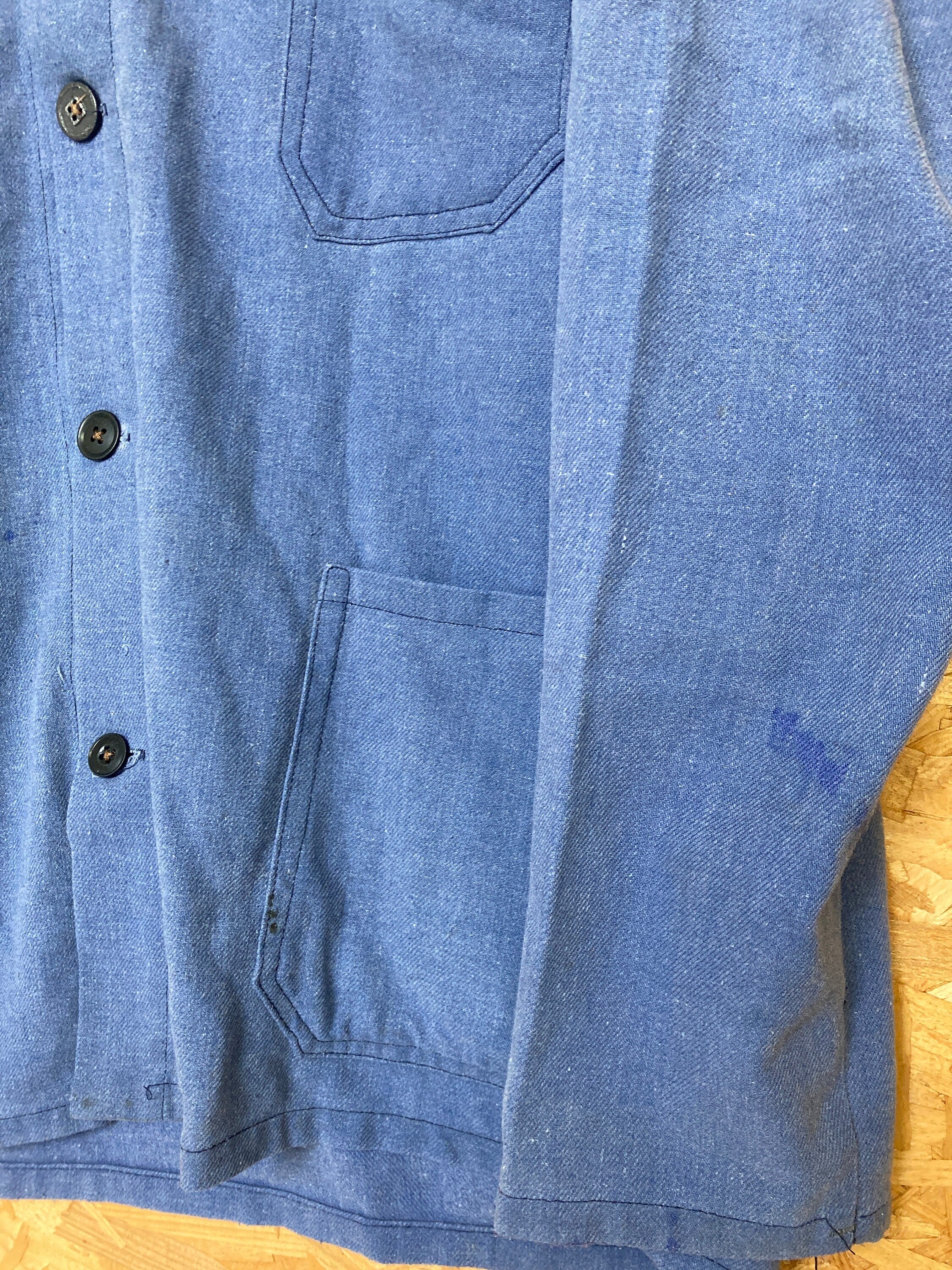 Vintage 80s faded cornflower blue brushed cotton button up chore workers jacket size medium