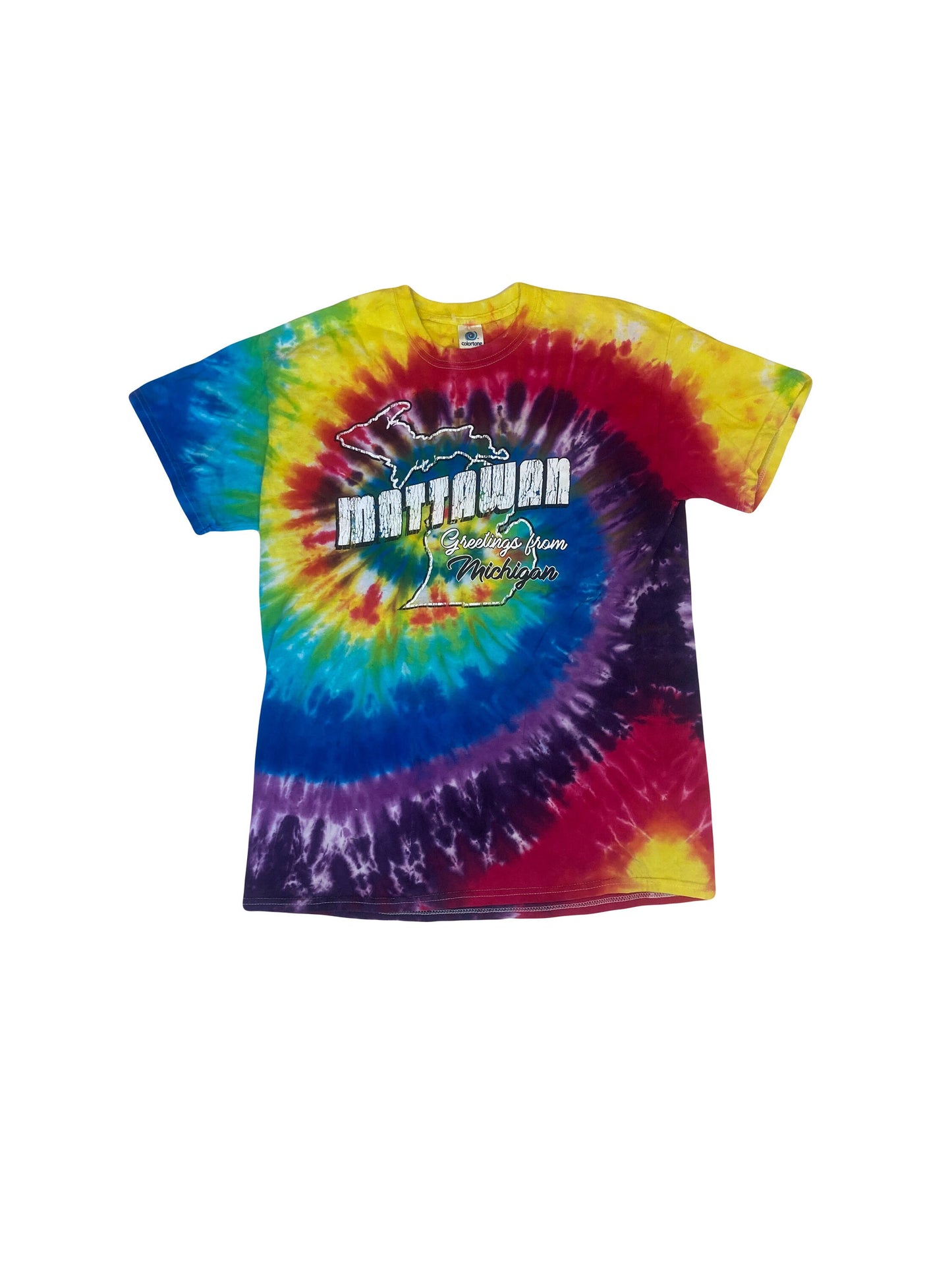 Vintage 90s Greetings from Mattowan Michigan USA rainbow tie dye souvenir festival t-shirt size medium