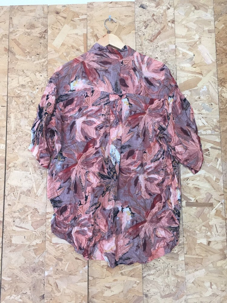 Vintage 90s mens coral pink red brown mao grandad collar abstract crazy pattern short sleeve party festival eccentric shirt size XL