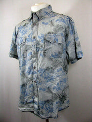 Vintage Y2K light blue grey striped floral pattern cotton twin pocket slim fitted hawaiian beach shirt size XL