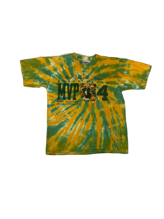 Vintage 90s Brett Favre Green Bay Packers MVP 96&#39; green yellow tie dye souvenir festival t-shirt size medium