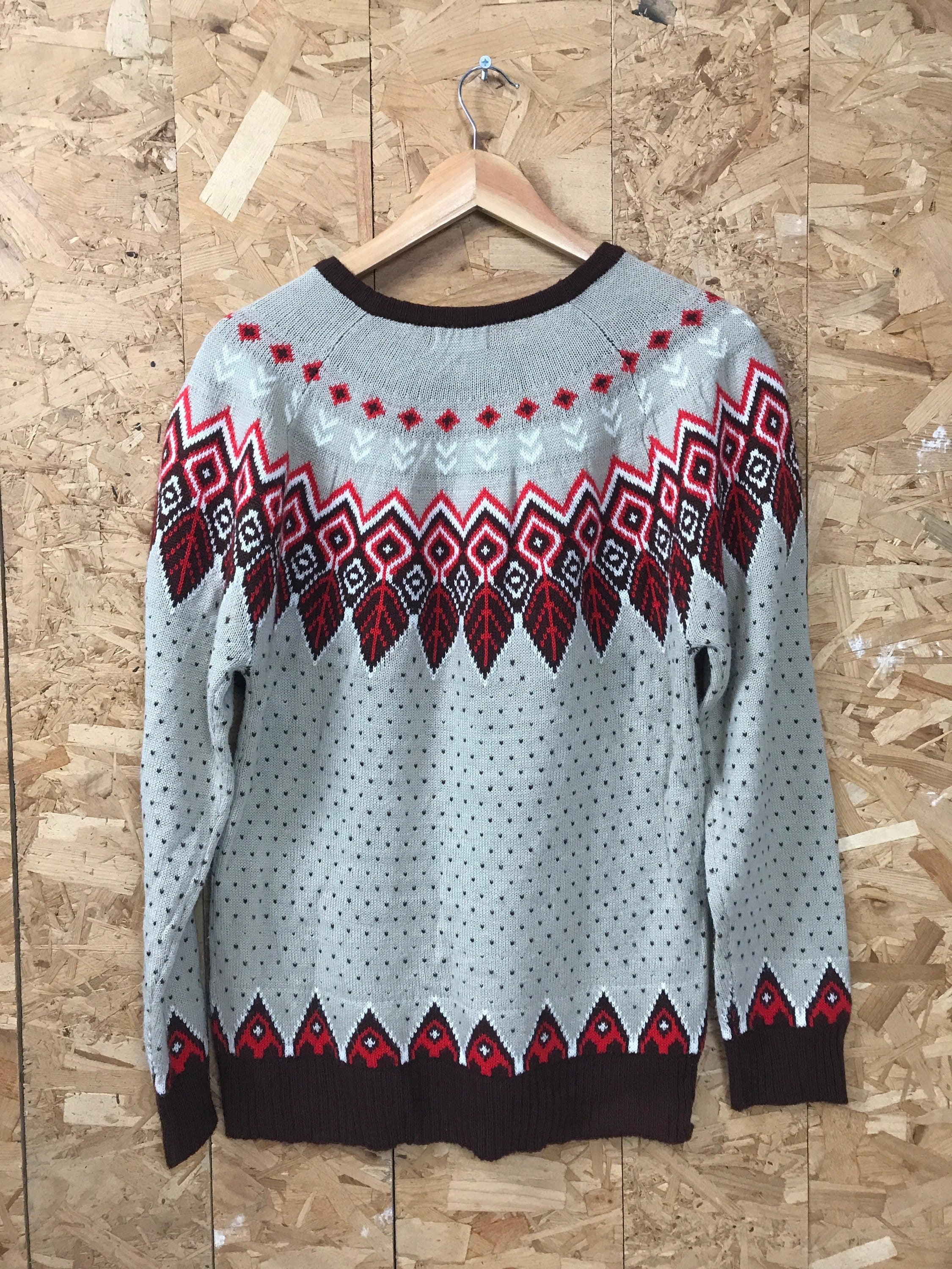 Vintage 80s multi colour Nordic style fair isle beige red brown knitted unisex sweater size large