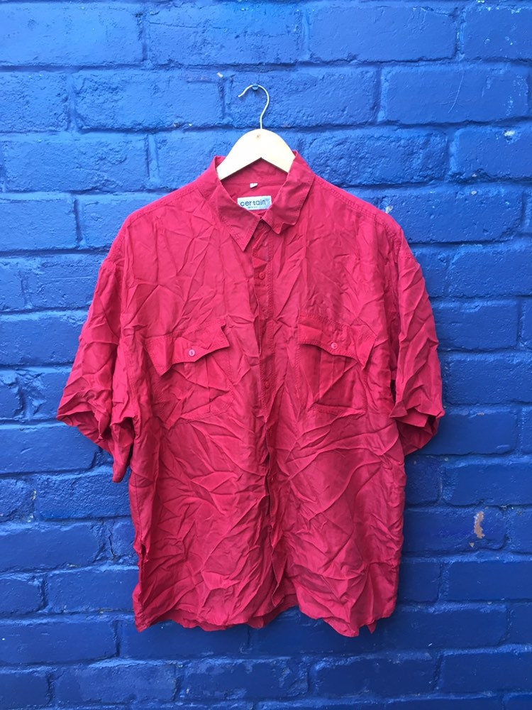 Vintage 90s bright red satin 100% silk oversized unisex twin pockets short sleeve shirt size XL
