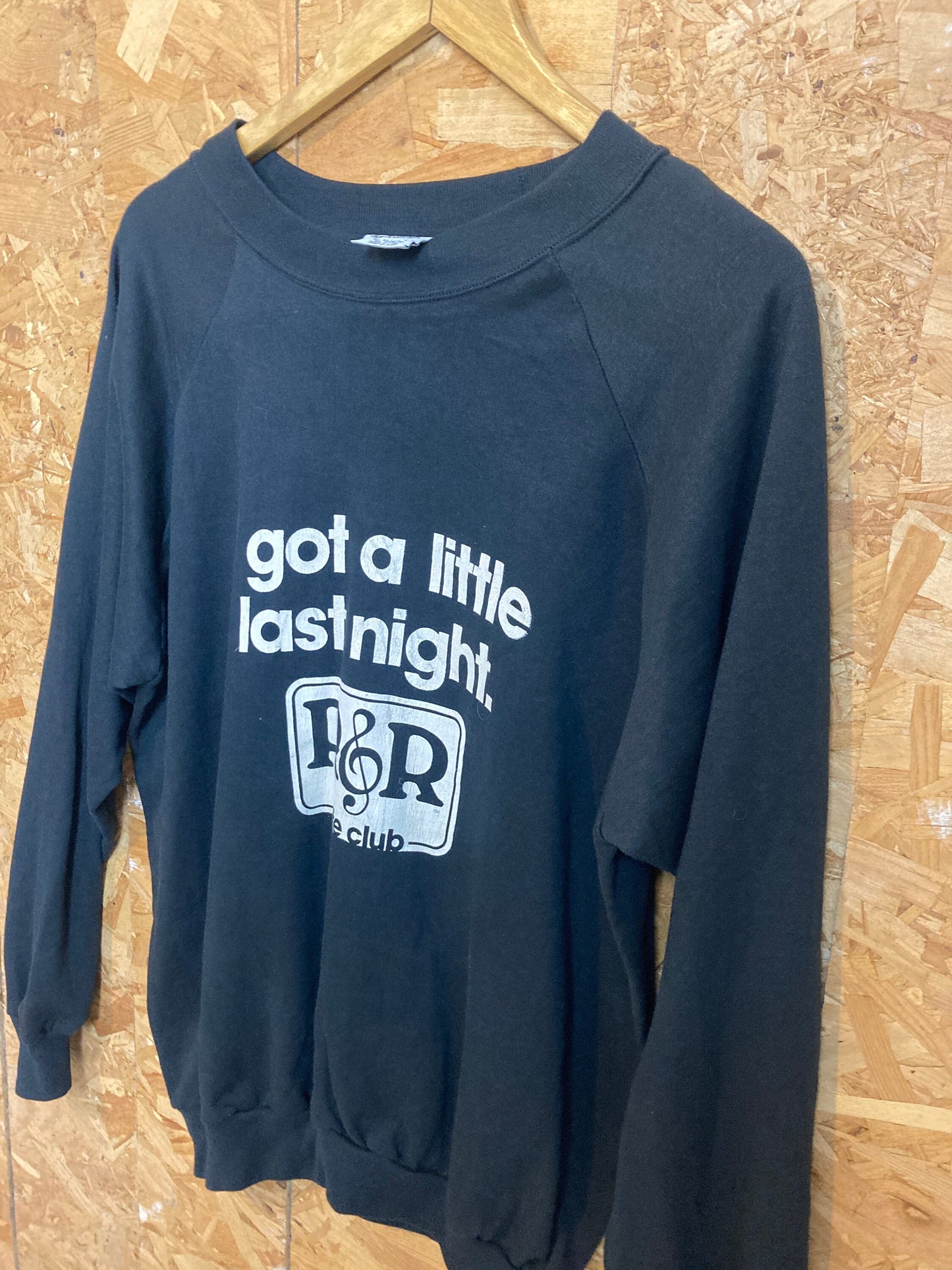 Vintage 80s R&R Nite Club “I got a little last night” usa souvenir black crew neck sweater size large