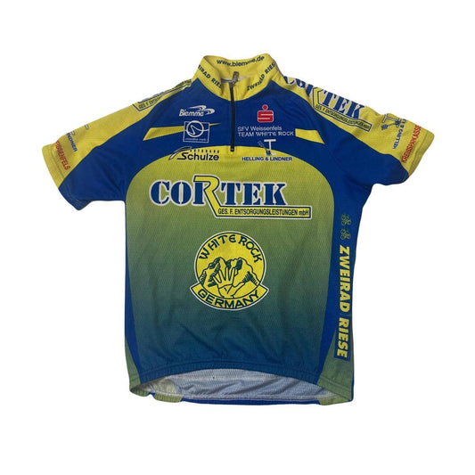 Vintage 90s Team White Rock Germany Cortex souvenir retro Tour de France style cycle jersey blue yellow size small