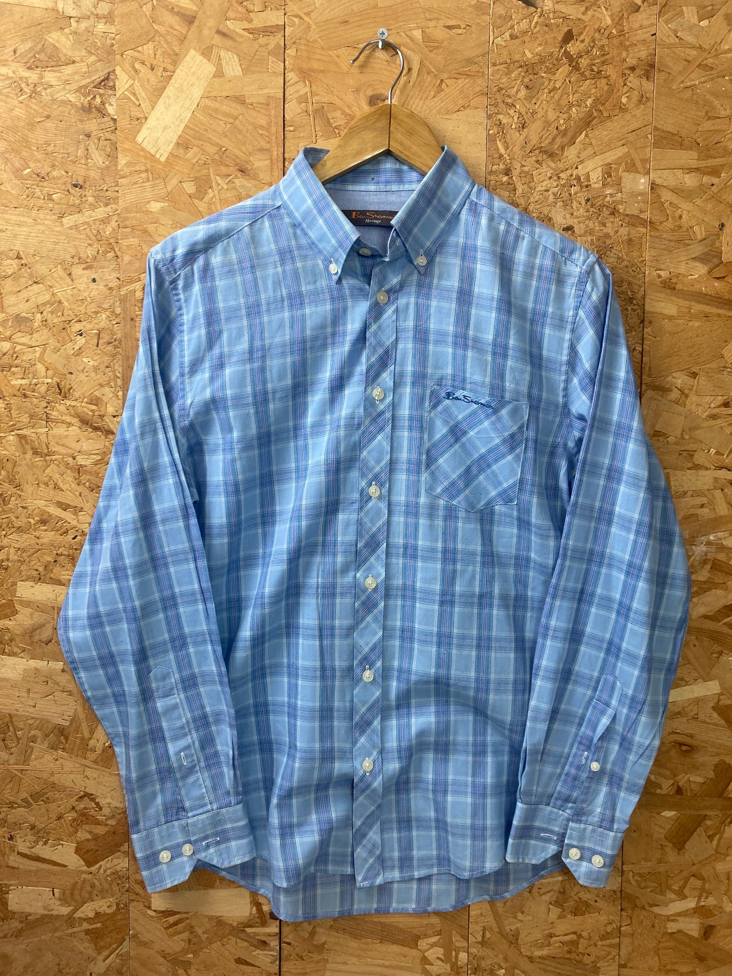 Vintage Ben Sherman mid light blue tablecloth check long sleeve Mod skinhead retro punk shirt size small