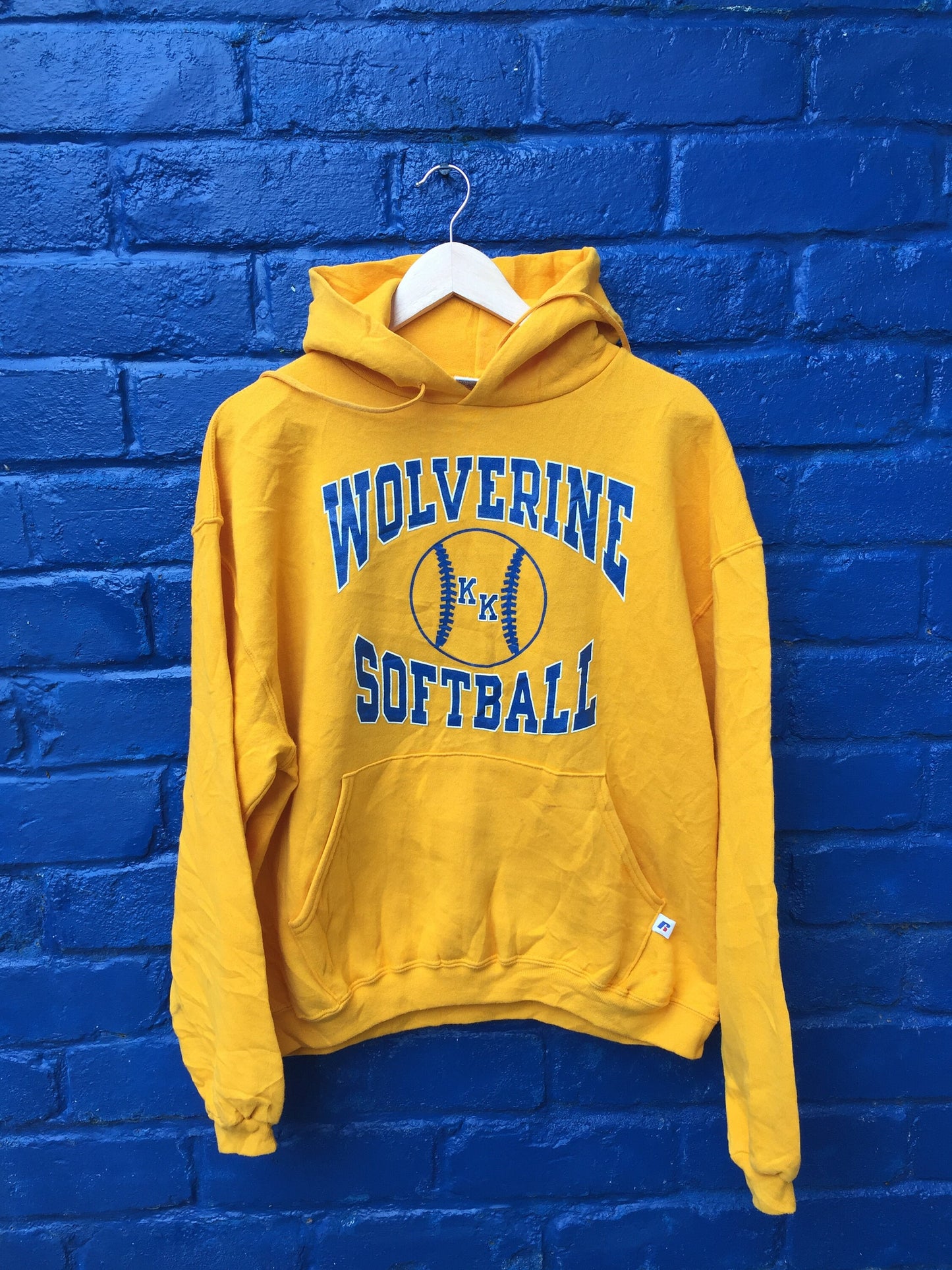 Vintage 90 Wolverine Softball USA College varsity yellow hoodie by Russell Athletic size large