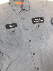 Vintage 80s USA distressed blue chore workwear workers shirt Nick city of punta gorda name badge By Redkap size medium