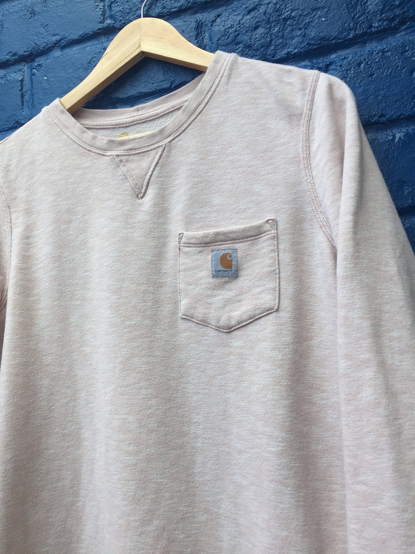 Vintage 90s Carhartt off white light pink minimal 1 pocket sweater size medium