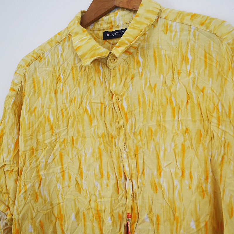 Vintage 90s pastel yellow abstract beach hawaiian rayon oversized shirt size XXL