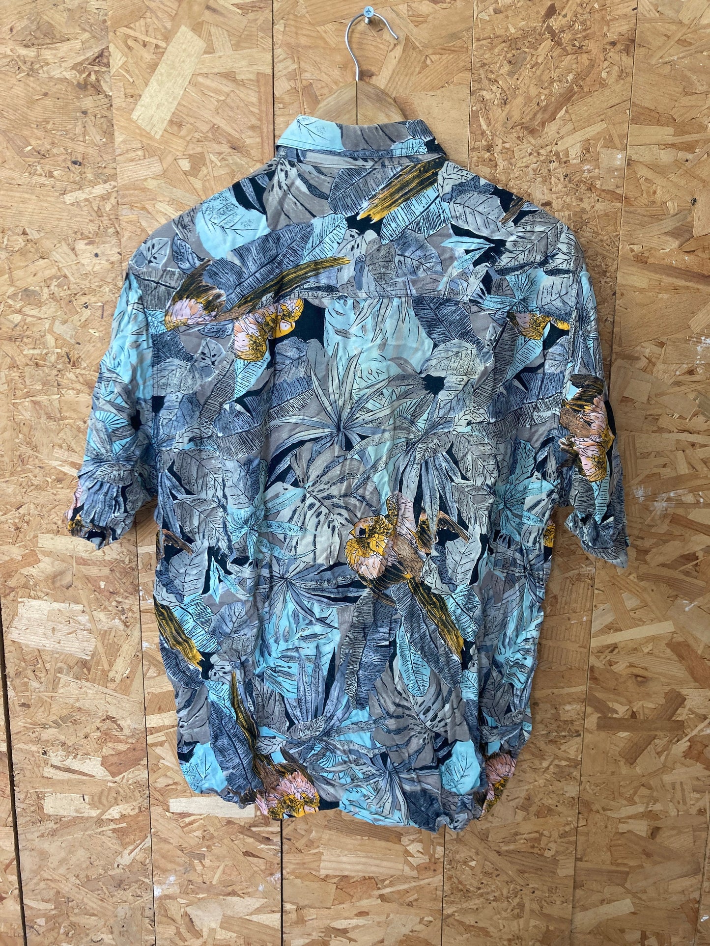 Vintage 90s grey blue beige abstract scrapbook sketch style pattern 100% Viscose short sleeve ugly eccentric shirt size large