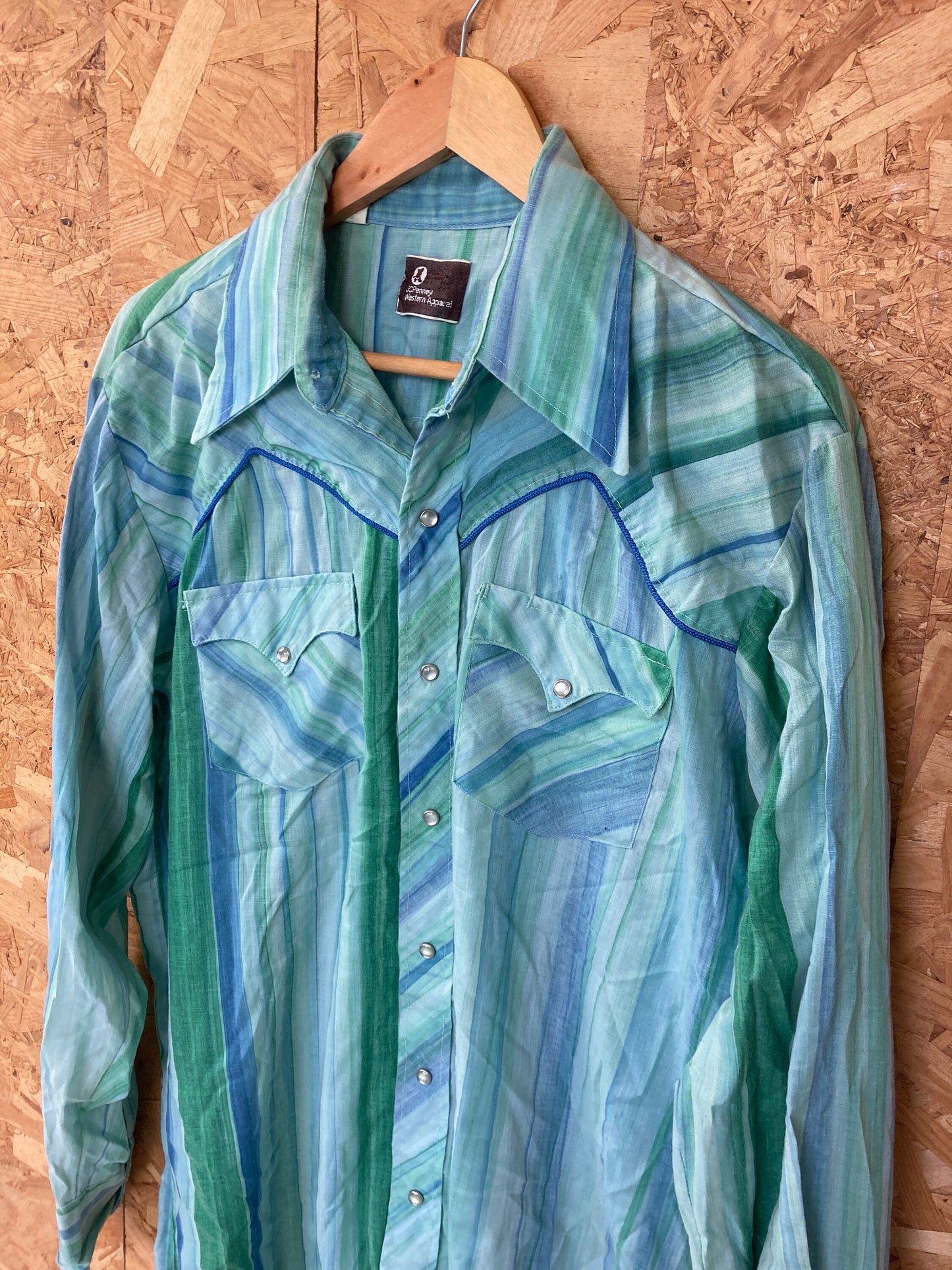 Vintage 80s JC penny blue green striped piping western cowboy shirt size 17” large