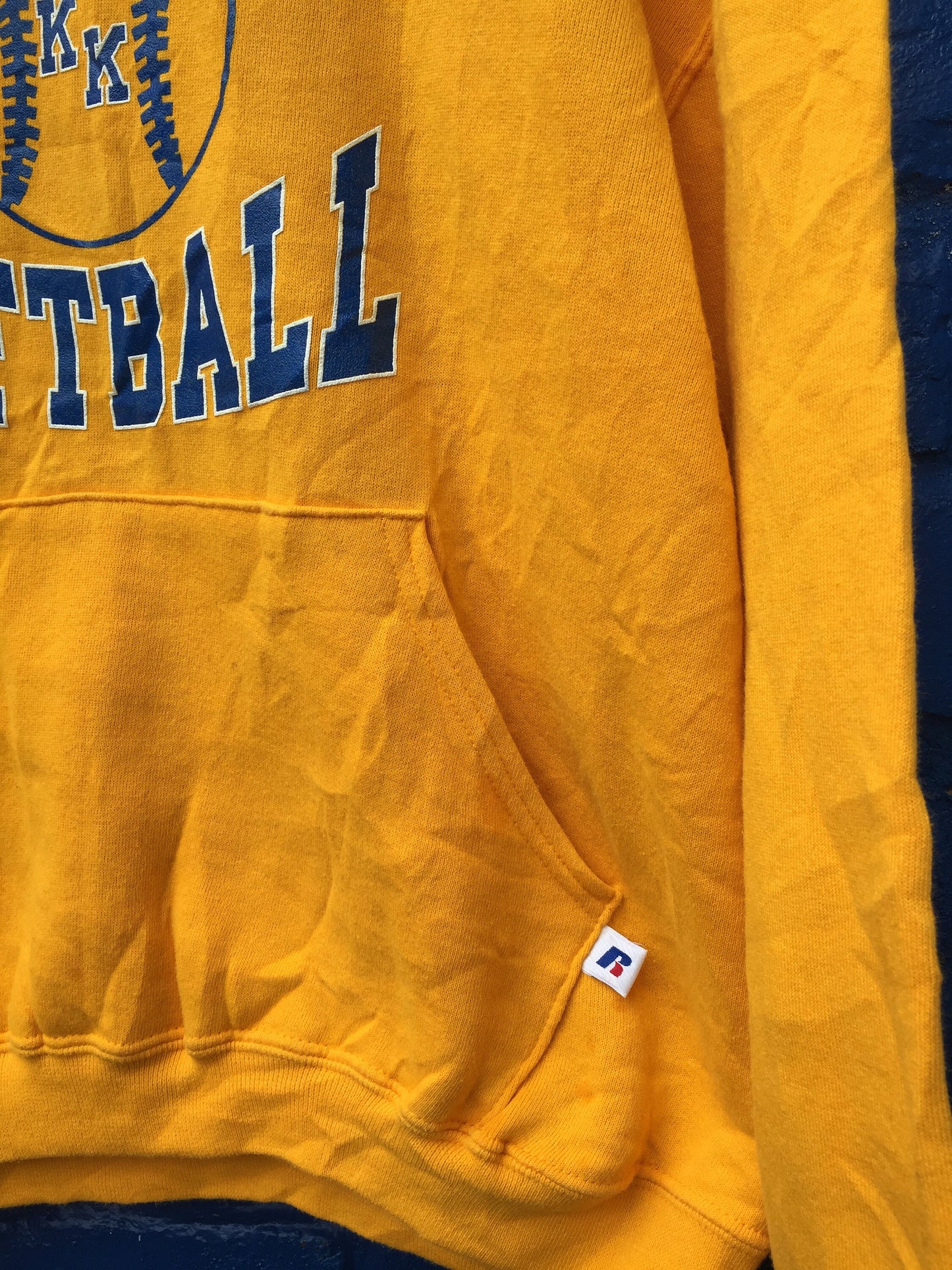 Vintage 90 Wolverine Softball USA College varsity yellow hoodie by Russell Athletic size large