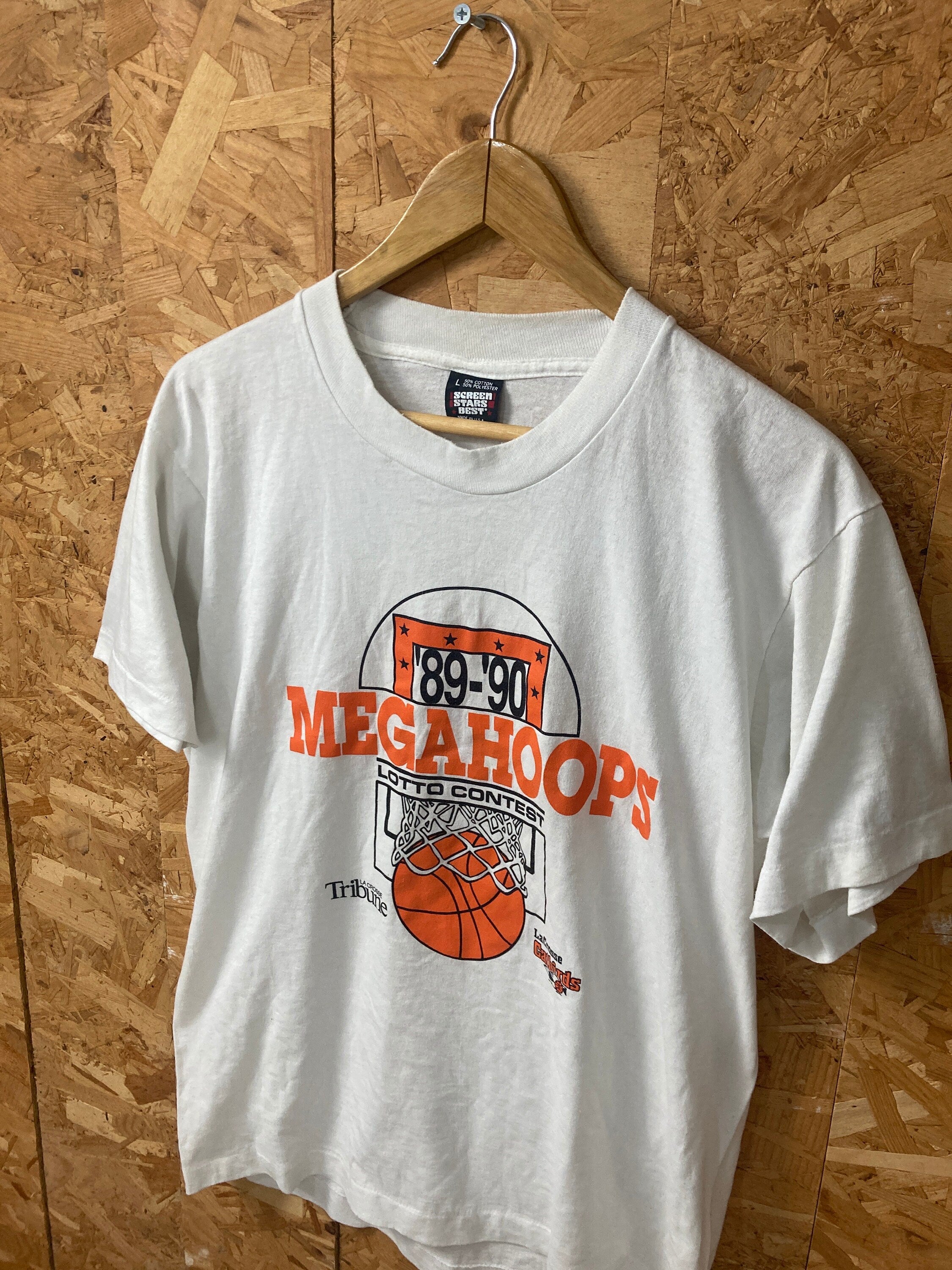 Vintage 89-90 Megahoops basketball Lotto Contest LaCrosse USA souvenir white orange t-shirt size large