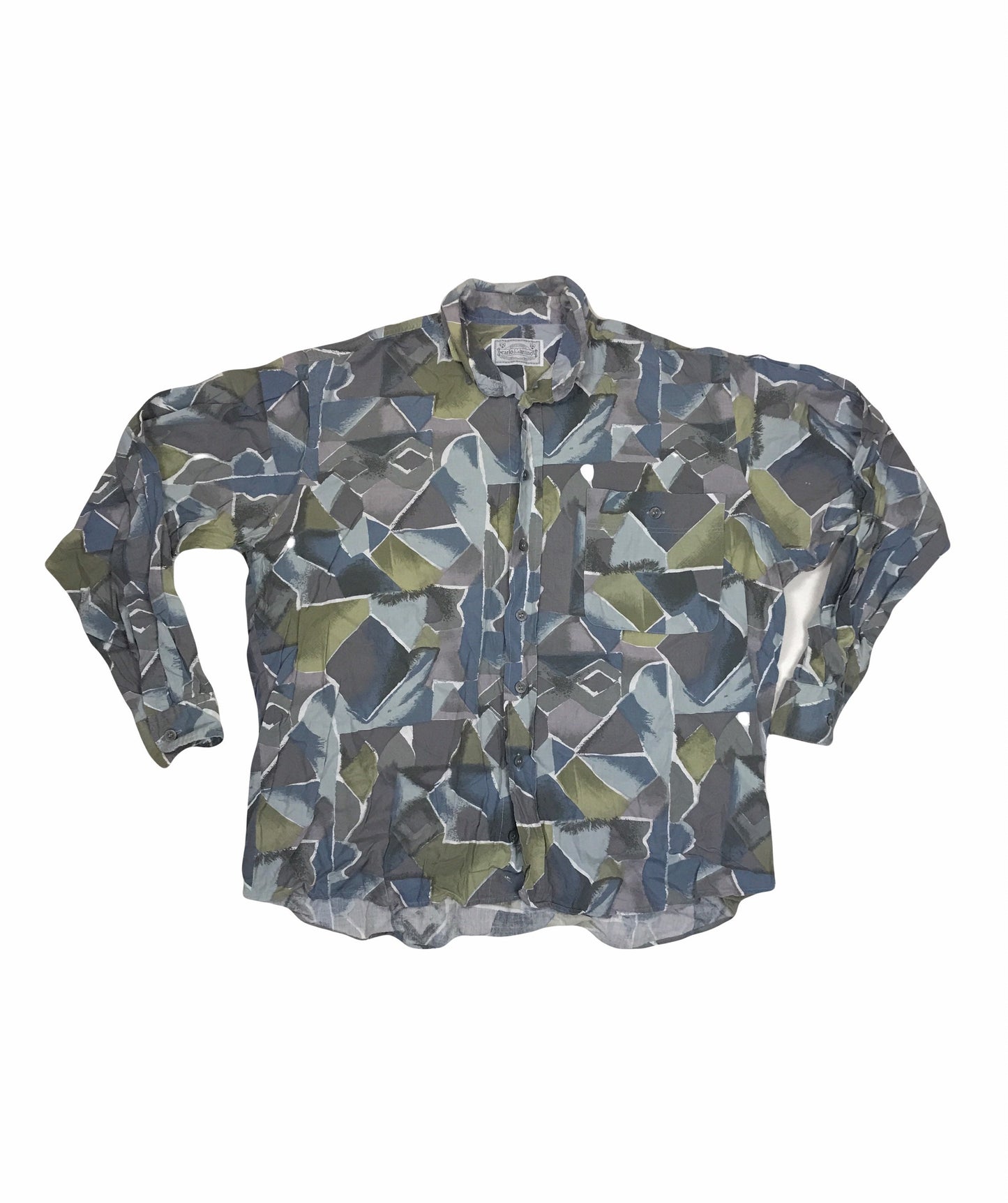 Vintage 90s Abstract green grey blue mosaic Pattern Eccentric party shirt size medium