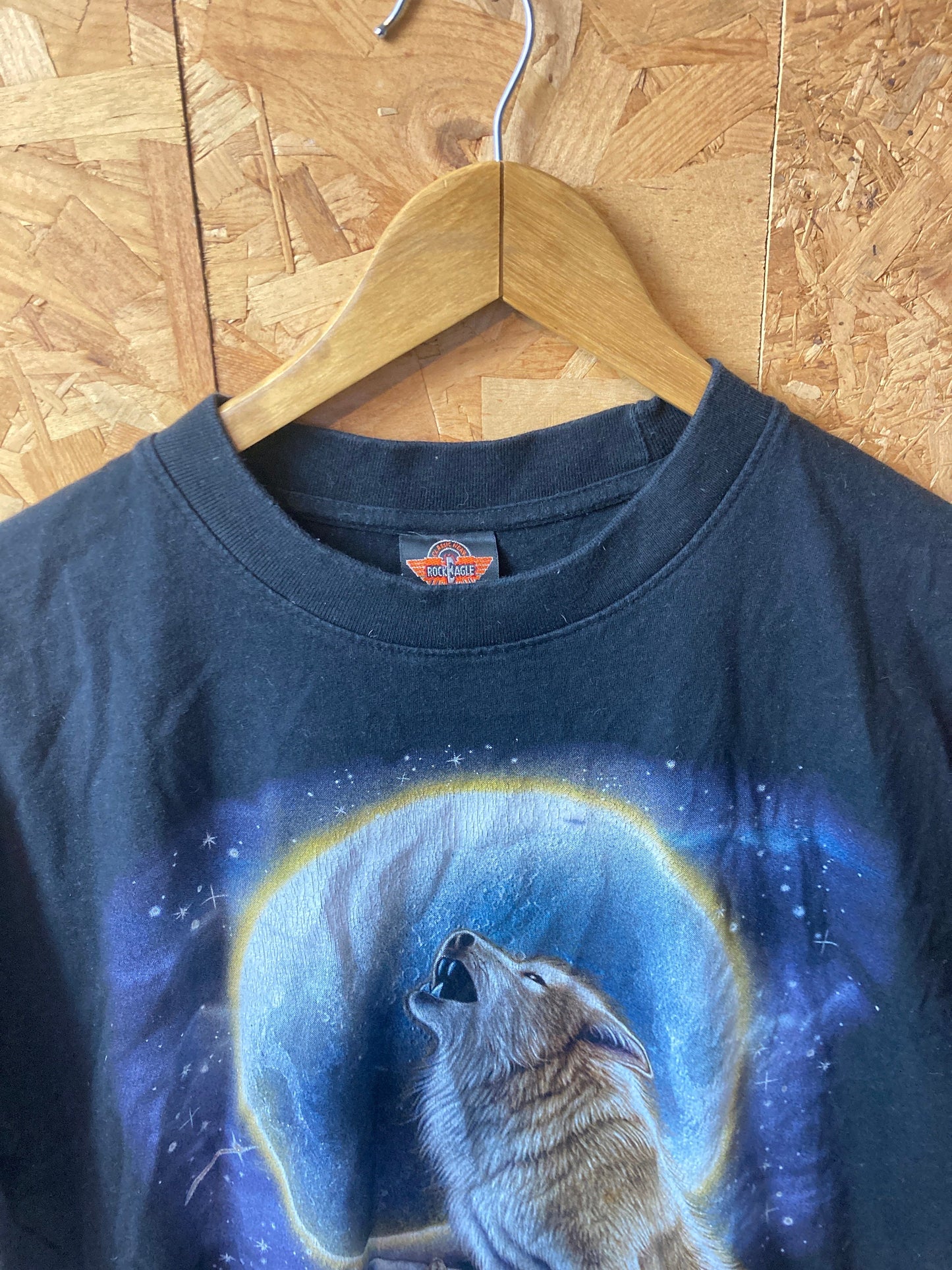 Vintage 00s mystical Native American wolf moonlight double side print t shirt size XL black