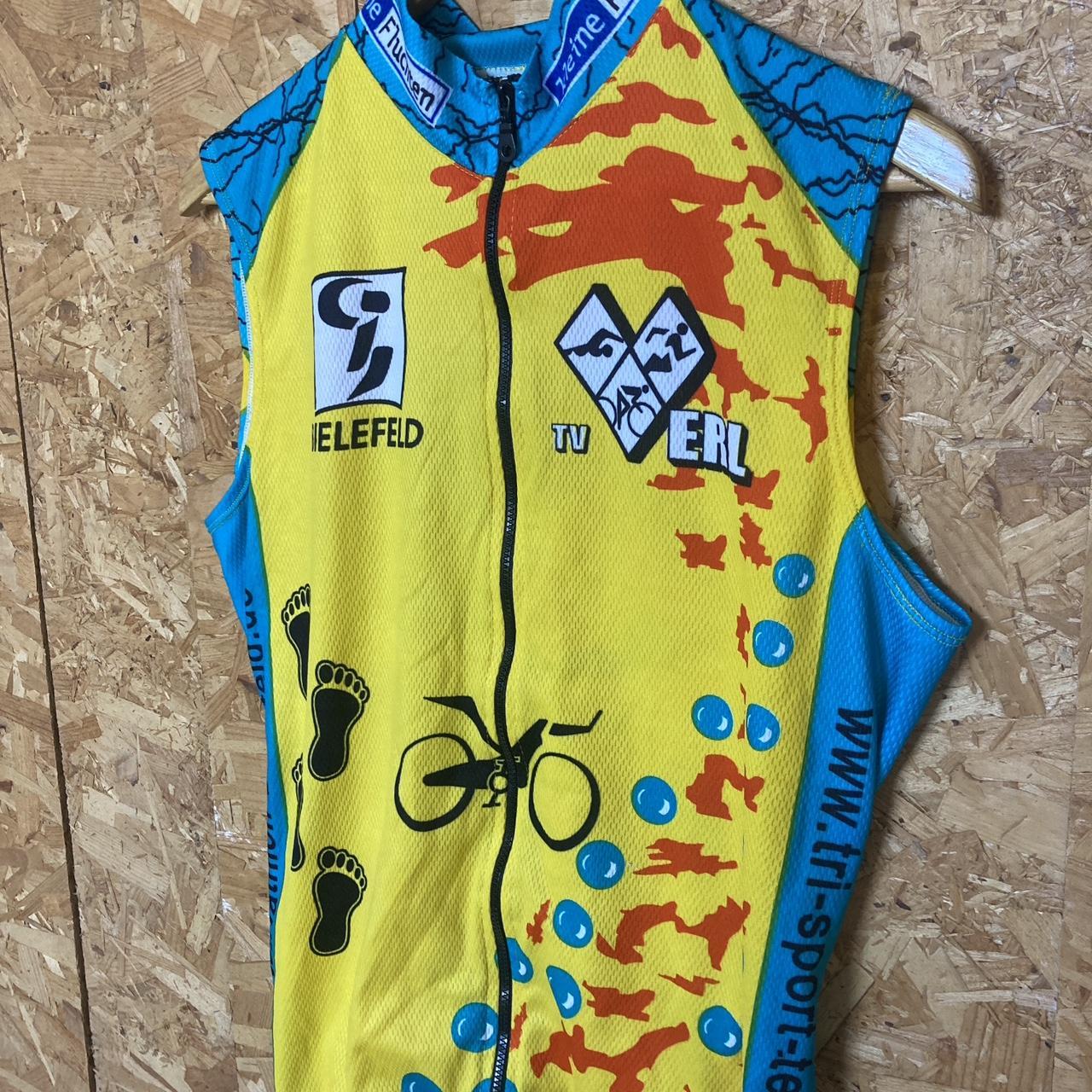 Vintage Y2K sleeveless triathlon bielefeld Mallorca yellow orange blue cycle jersey size M