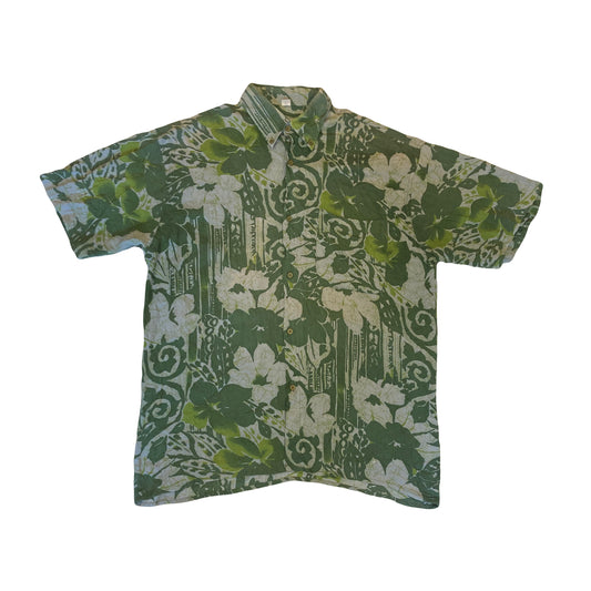 Vintage 90s green floral abstract pattern ugly rayon eccentric Hawaiian style party shirt size M