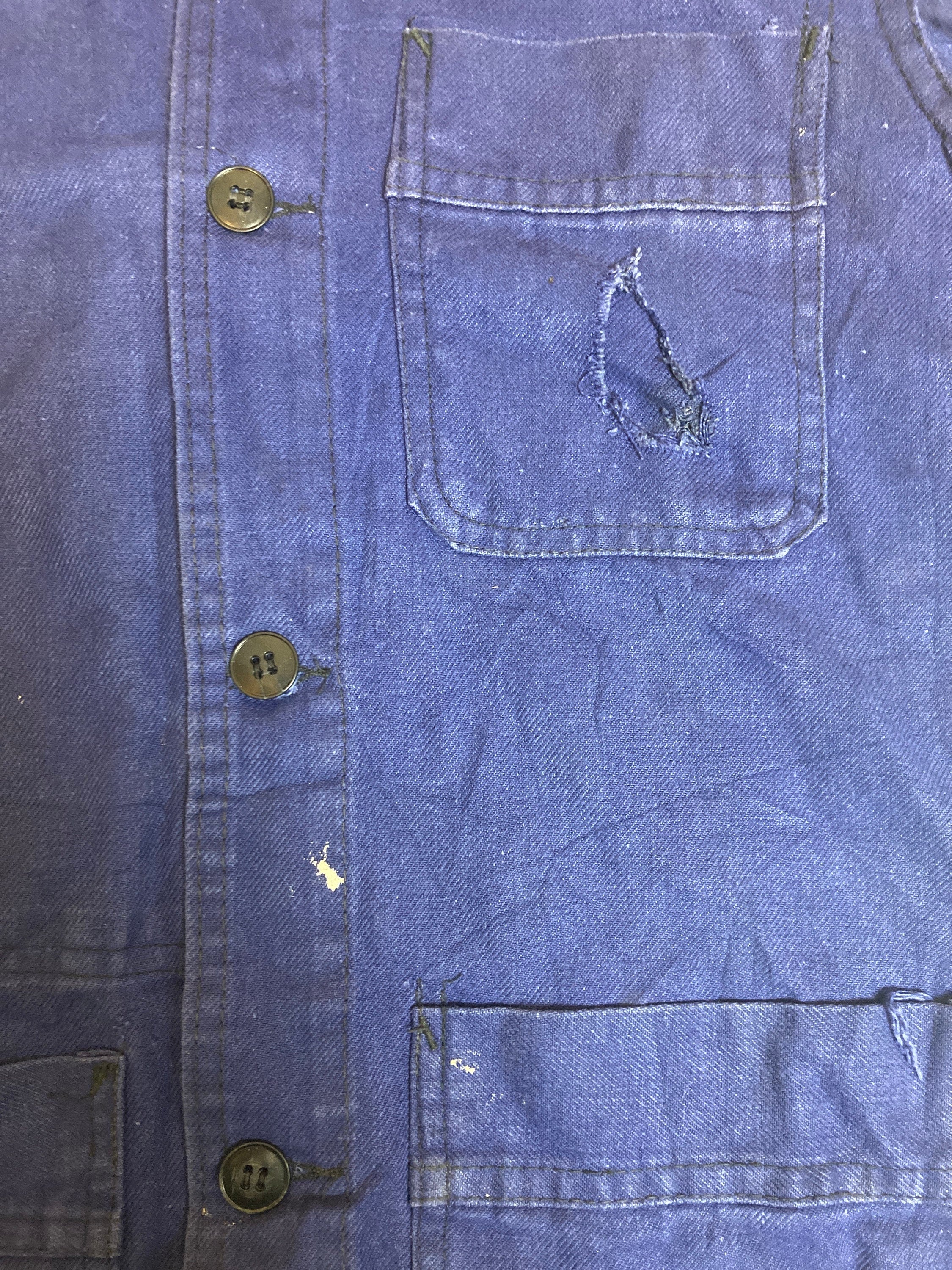 Vintage 80s french distressed navy indigo blue workers chore Sanforized cotton drill size small