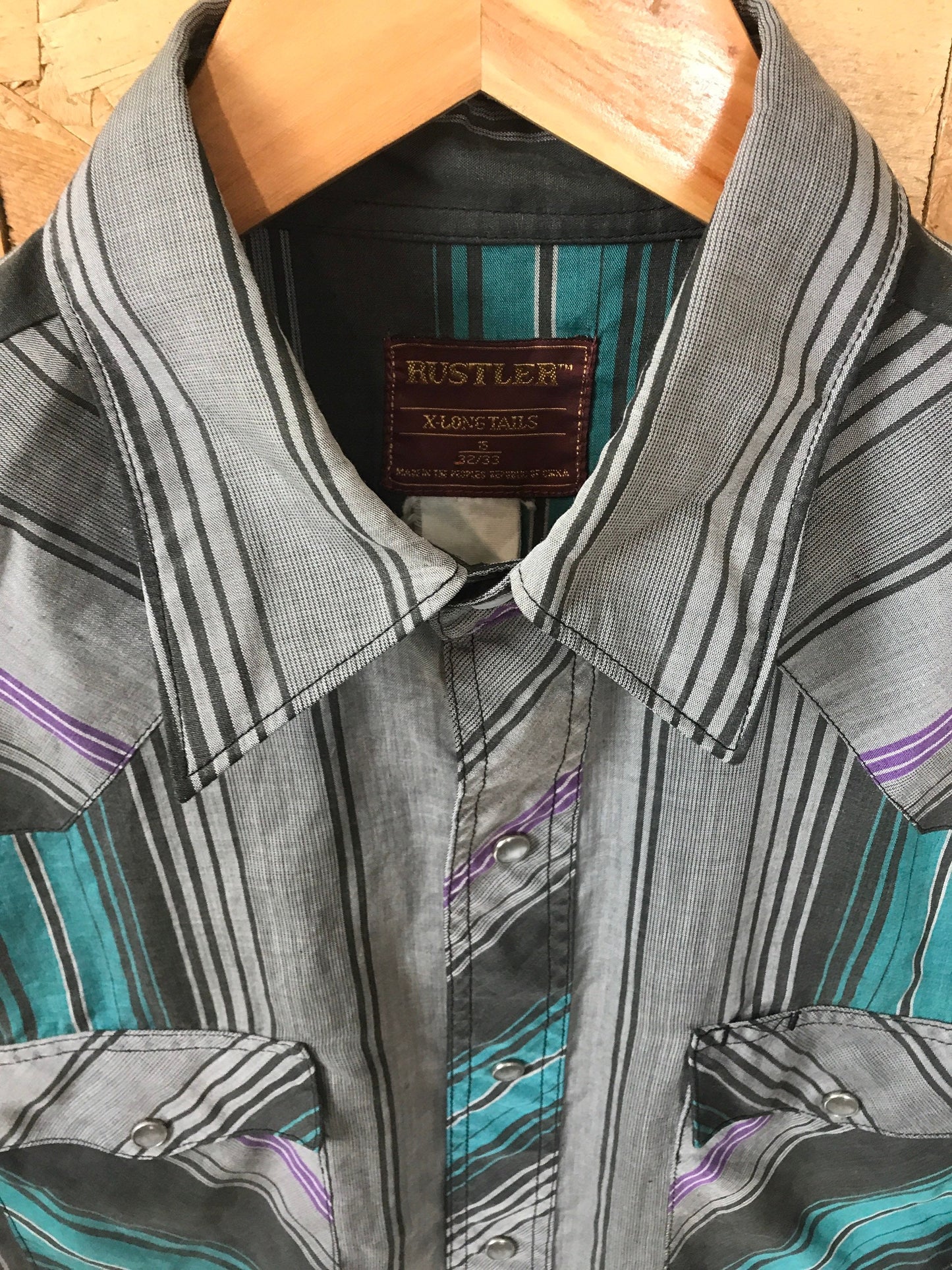 Vintage Rustler Western Cowboy Dress Shirt Grey green purple striped twin pocket size large long tail size large