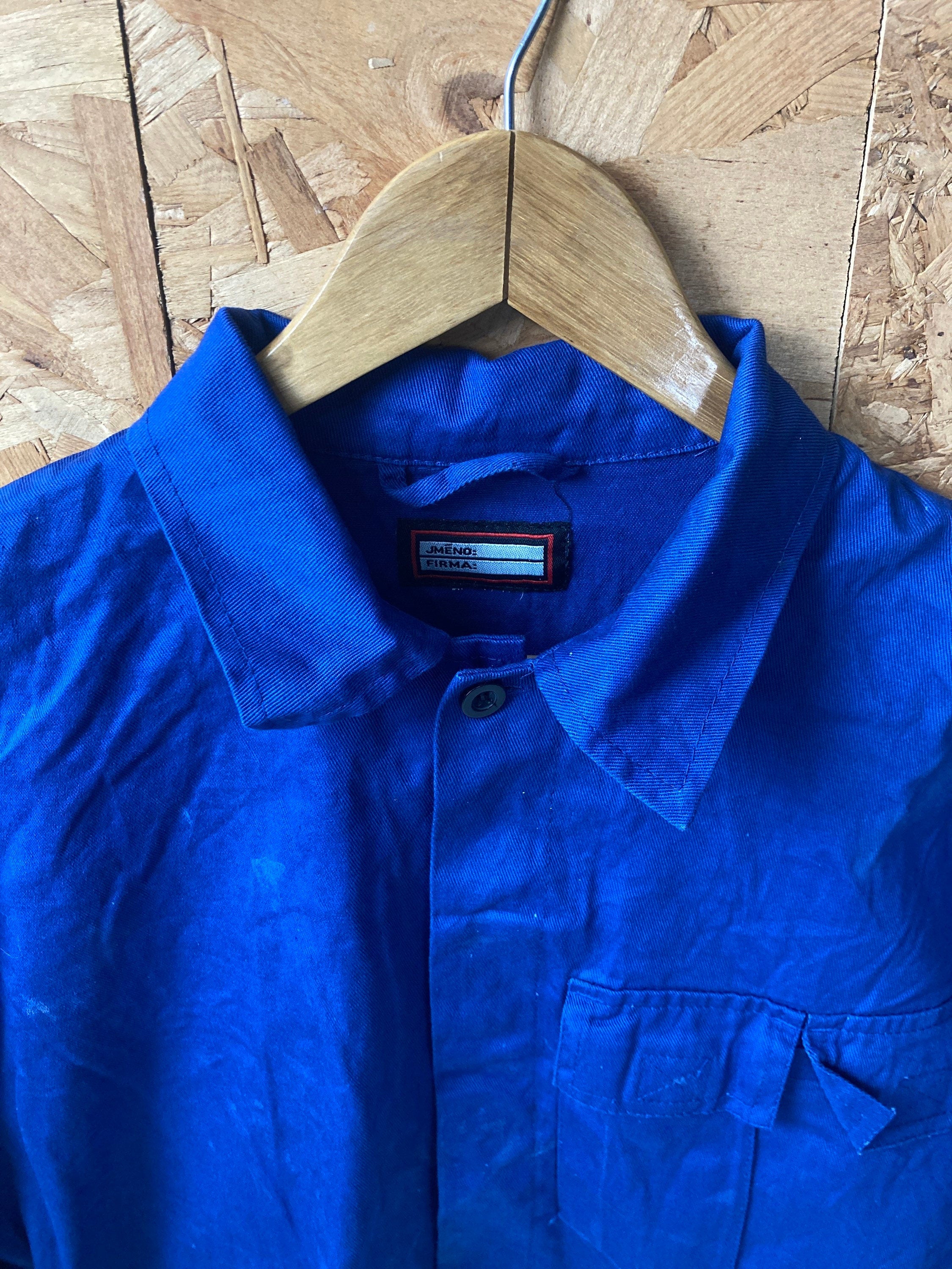 Vintage 90s French / Eastern Europe mid cobalt blue workers chore button jacket sanforized cotton drill distressed size large