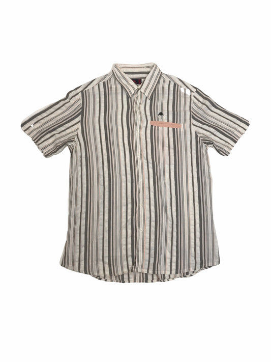 Vintage 90s Robe De Kappa off white coral brown pin striped short sleeve linen shirt size XX large