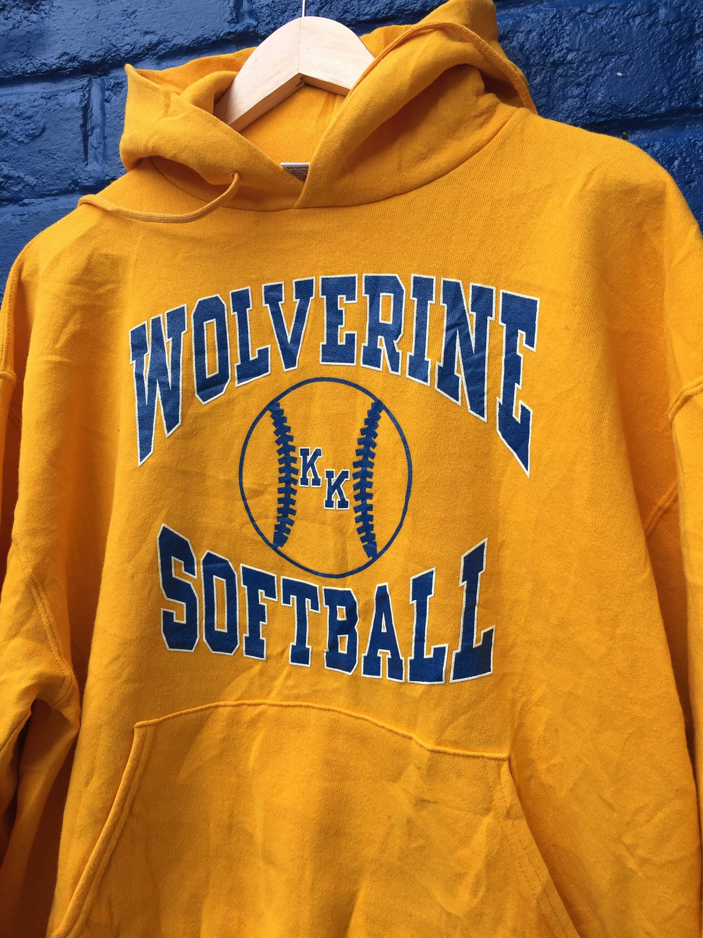 Vintage 90 Wolverine Softball USA College varsity yellow hoodie by Russell Athletic size large