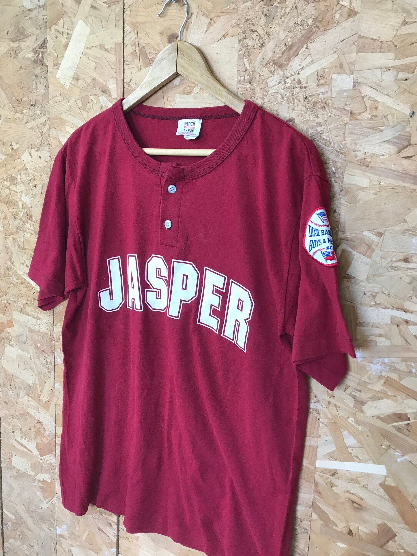 Vintage 90s Jasper Chapman Dixie Baseball League USA dark red button t-shirt size large