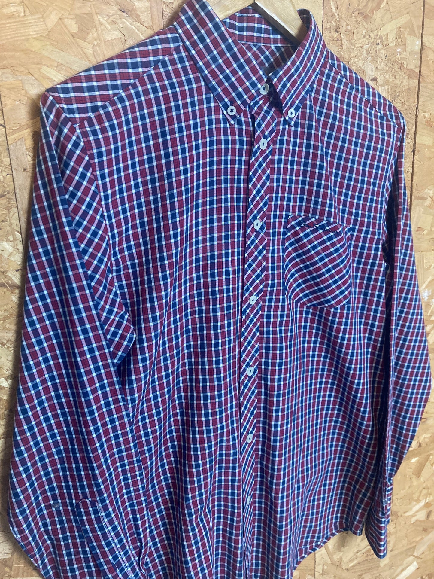 Vintage Ben Sherman dark red navy gingham fine tablecloth check long sleeve Mod skinhead retro punk small