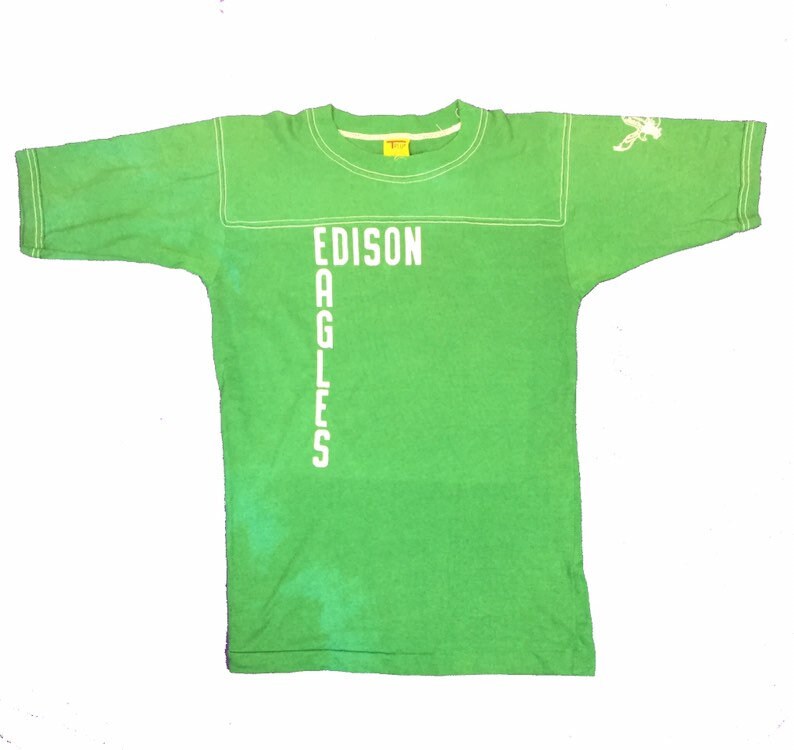 Vintage 70s USA high school football top Edison Eagles green cotton t shirt size large