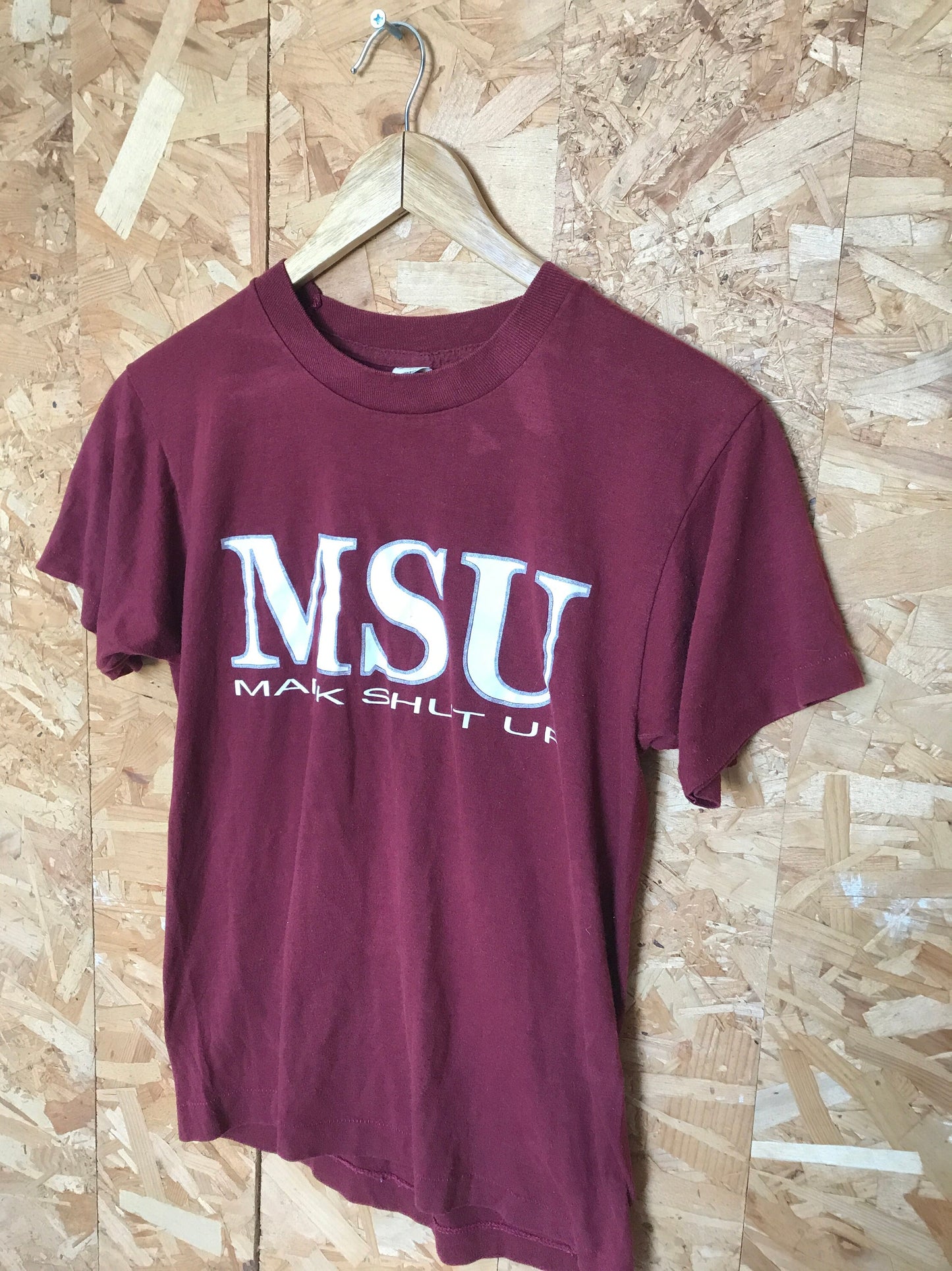 Vintage 90s MSU 'Mark Shut Up' souvenir quirky college team burgundy red  USA t-shirt size small