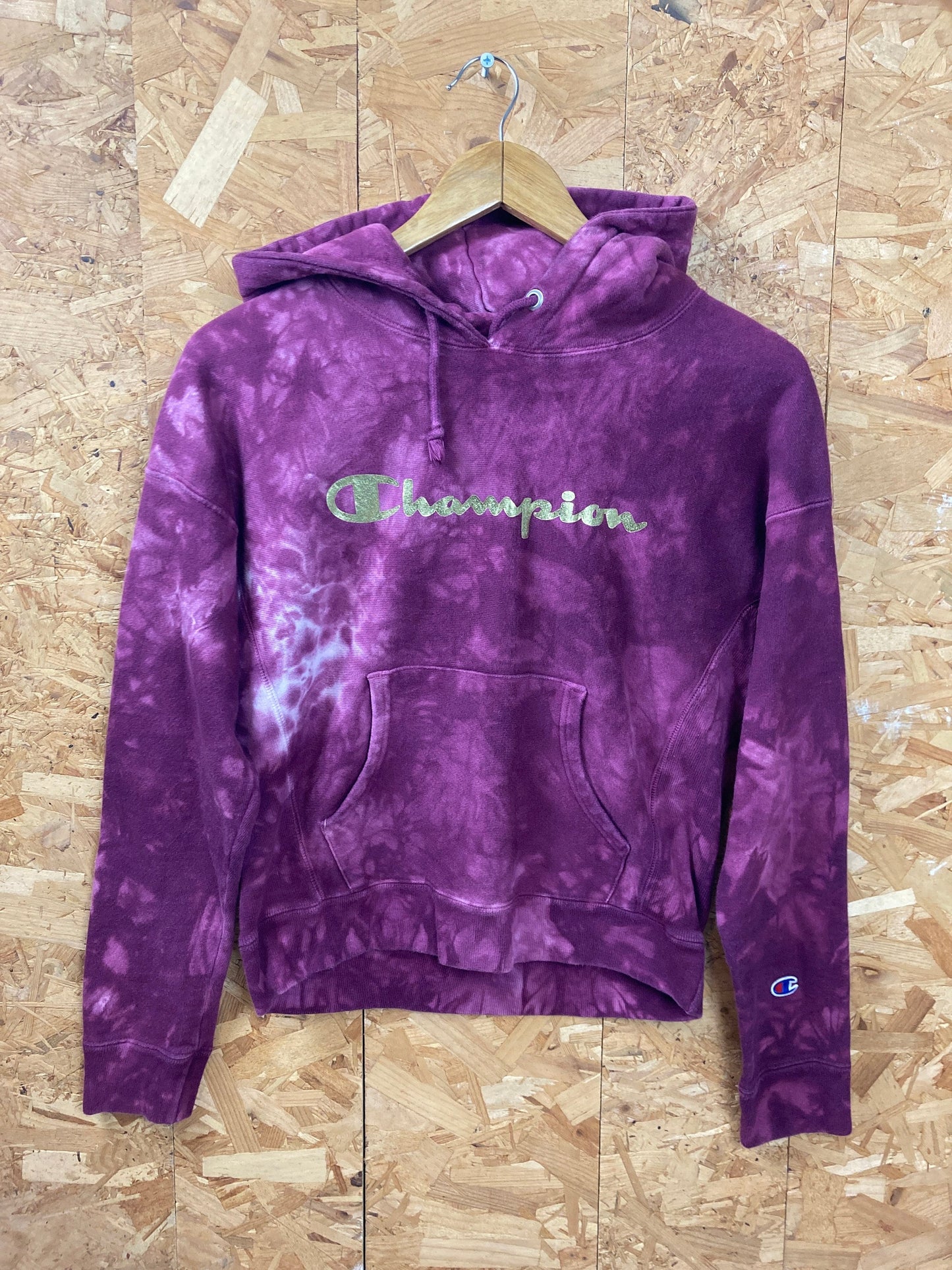 Vintage 90s Champion USA reverse weave  customised tie dye purple hoodie with golden spellout size small